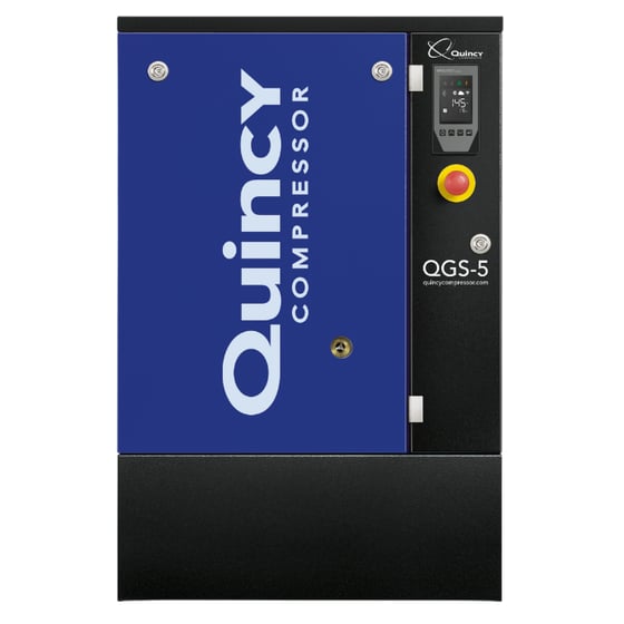 Quincy QGS 5 hp floor mounted rotary screw air compressor - black body, with blue panel and logo
